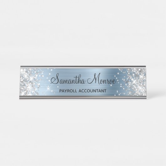 Silver Glitzer Light Blue Foil Schreibtischnamensplakette (Vorderseite )