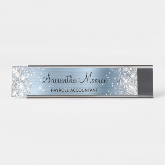 Silver Glitzer Light Blue Foil Schreibtischnamensplakette (Vorderseite )