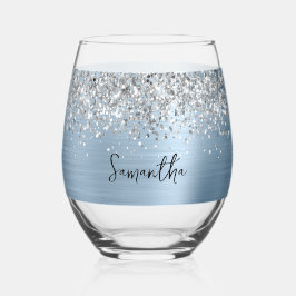 Silver Glitzer Light Blue Glam Name Weinglas Ohne Stiel
