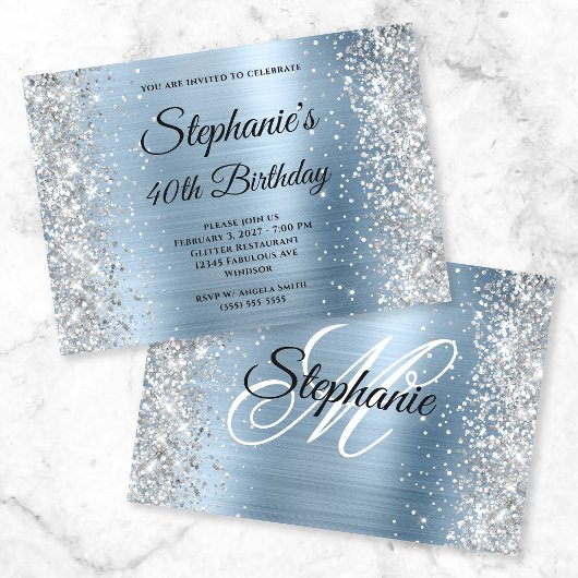 Silver Glitzer Light Blue Monogram 40. Geburtstag Einladung