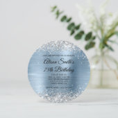Silver Glitzer Light Blue Monogram 75. Geburtstag Einladung (Stehend Vorderseite)