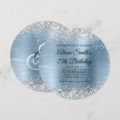 Silver Glitzer Light Blue Monogram 75. Geburtstag Einladung (Vorne/Hinten)