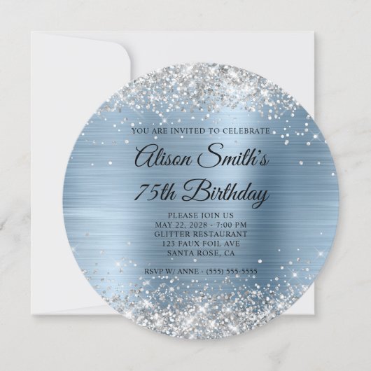 Silver Glitzer Light Blue Monogram 75. Geburtstag Einladung (Vorderseite)