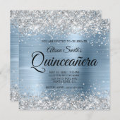 Silver Glitzer Light Blue Monogram Quinceanera Einladung (Vorne/Hinten)