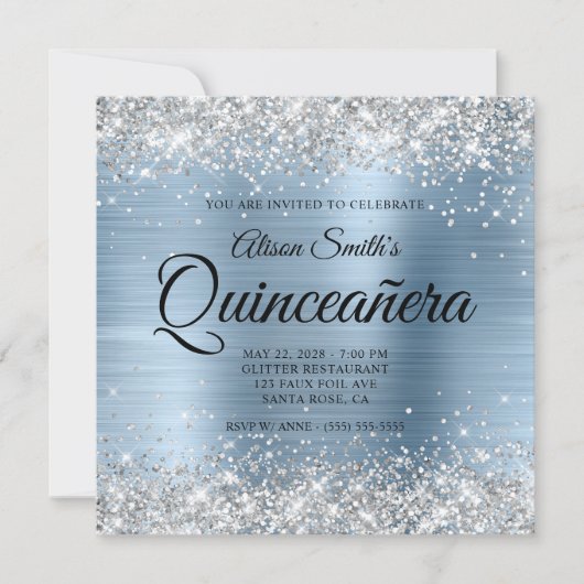 Silver Glitzer Light Blue Monogram Quinceanera Einladung (Vorderseite)