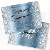 Silver Glitzer Light Blue Monogram Quinceanera Einladung
