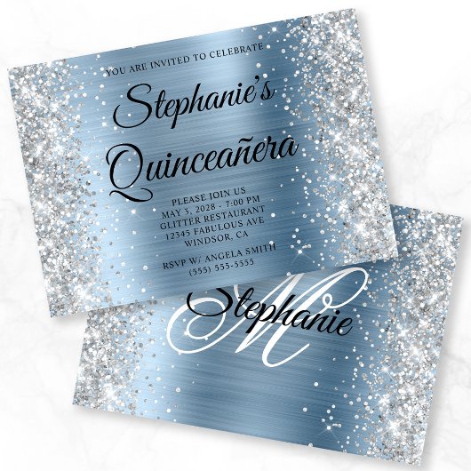 Silver Glitzer Light Blue Monogram Quinceanera Einladung