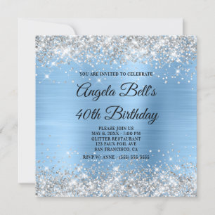 Silver Glitzer Light Blue Shimmer Foil Monogramm Einladung