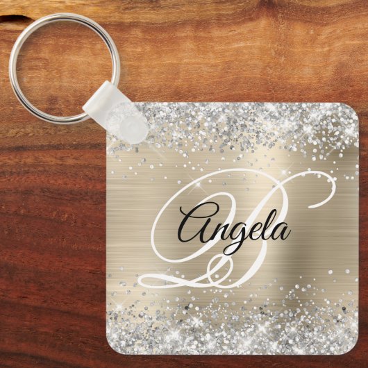 Silver Glitzer Light Gold Foil Extravagant Monogra Schlüsselanhänger (Vorderseite)