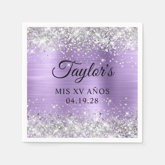 Silver Glitzer Light Lila Foil Mis XV Anos Serviette (Vorderseite)