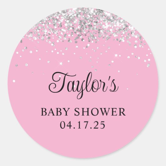 Silver Glitzer Light Pink Baby Dusche Runder Aufkleber (Vorderseite)