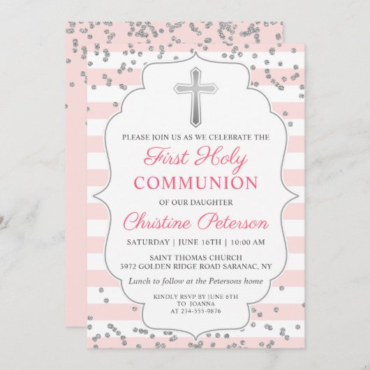Silver Glitzer Light Pink Erste Heilige Kommune Einladung (Vorne/Hinten)