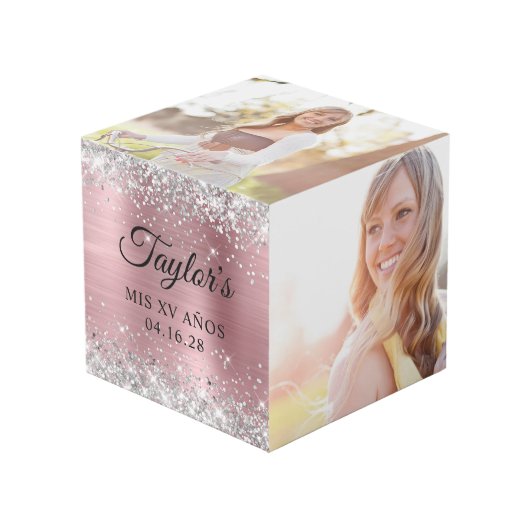 Silver Glitzer Light Pink Foil Mis XV Años Foto Würfel (Vorderseite Schrägansicht)