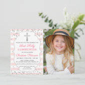 Silver Glitzer Light Pink Foto Erste Kommune Einladung (Stehend Vorderseite)