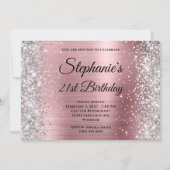 Silver Glitzer Light Pink Monogram, 21. Geburtstag Einladung (Vorderseite)