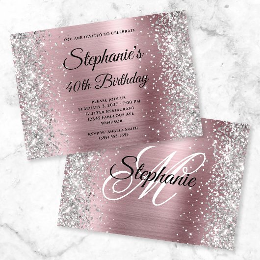 Silver Glitzer Light Pink Monogram 40. Geburtstag Einladung