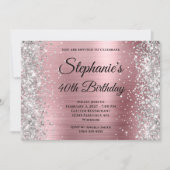 Silver Glitzer Light Pink Monogram 40. Geburtstag Einladung (Vorderseite)
