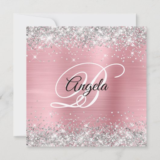 Silver Glitzer Light Pink Shimmer Foil Monogramm Einladung (Rückseite)