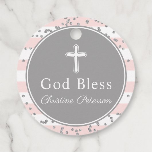 Silver Glitzer Light Pink Stripes Erstkommunion Geschenkanhänger (Rückseite)