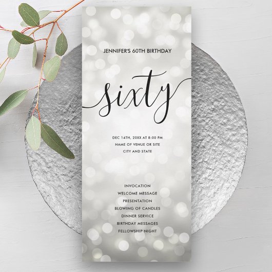 Silver Glitzer Lights 60. Geburtstagsprogramme Einladung