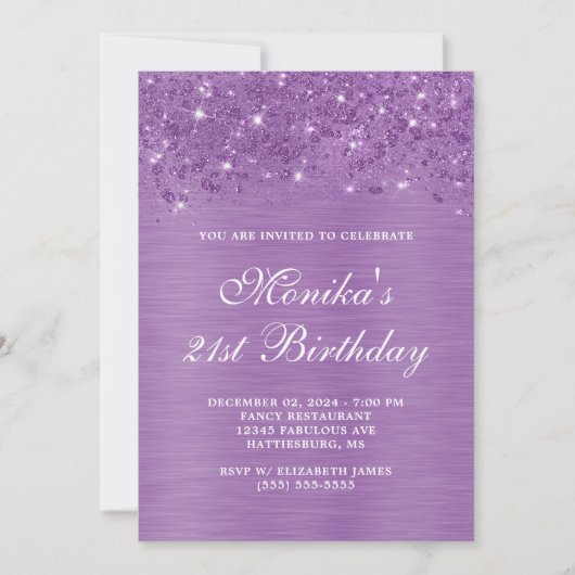Silver Glitzer Lila Bold 21. Geburtstag Invitati Einladung (Vorderseite)