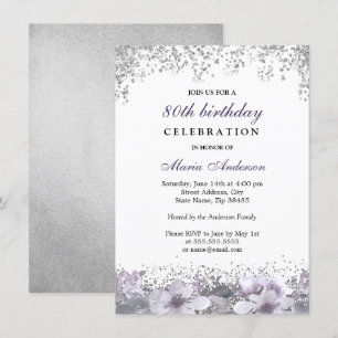Silver Glitzer Lila Floral 80. Geburtstag Einladun Einladung