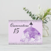 Silver Glitzer Lila Gown Quinceanera Einladung (Stehend Vorderseite)