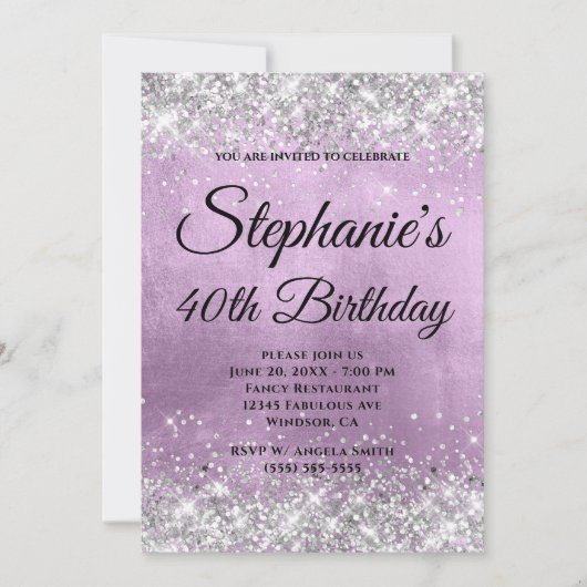 Silver Glitzer Lilac Foil Extravagant Monogramm Einladung (Vorderseite)