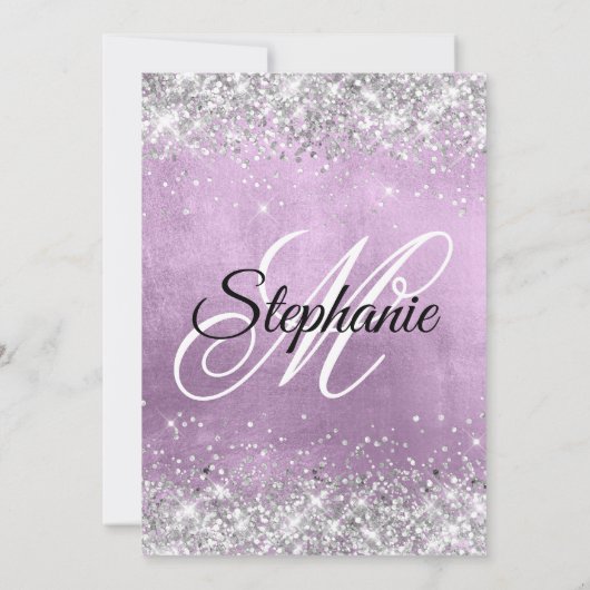 Silver Glitzer Lilac Foil Extravagant Monogramm Einladung (Rückseite)