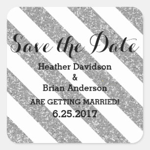 Silver Glitzer Look Stripes Save the Date Aufklebe Quadratischer Aufkleber