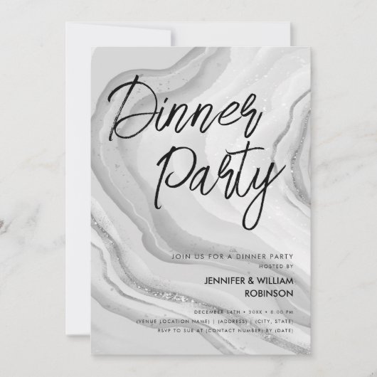 Silver Glitzer Marbella Script Dinner Party Einladung (Vorderseite)