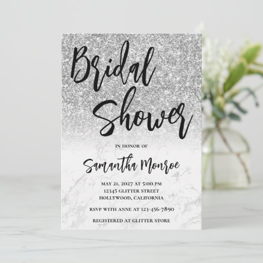 Silver Glitzer Marble Glam QR Code Brautparty Einladung (Stehend Vorderseite)