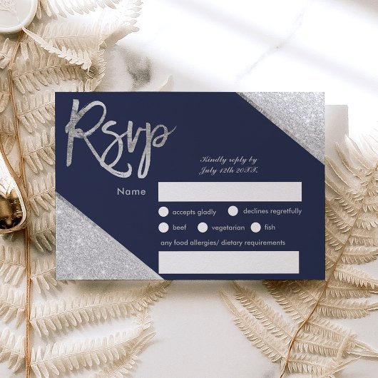 Silver Glitzer Marine Blue Skript Hochzeit Rsvp Karte