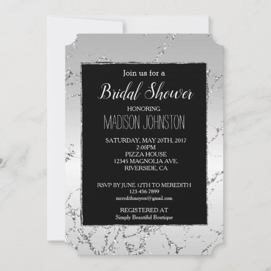 Silver Glitzer Marmor & Black Einladung (Vorderseite)