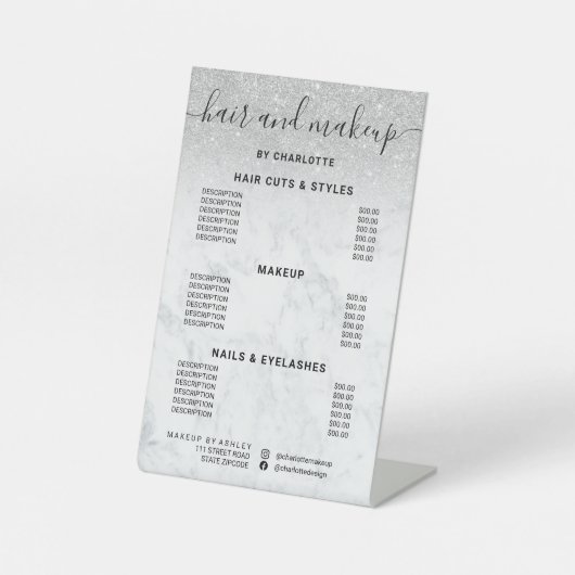 Silver Glitzer Marmor Friseur Salon Preis Sockelschild (Vorderseite)