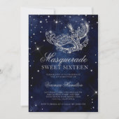 Silver Glitzer Masquerade Maske blau Sweet 16 Einladung (Vorderseite)