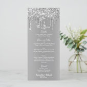 Silver Glitzer Metallic Shine 4x9" Hochzeitsmenü Menükarte (Stehend Vorderseite)