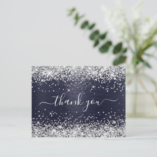 Silver Glitzer Midnight Blue Foil Vielen Dank Postkarte (Stehend Vorderseite)