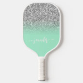 Silver Glitzer Mint Green Ombre Modernes Script Pickleball Schläger (Vorderseite)