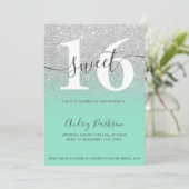 Silver Glitzer Mint grün ombre mädchen Sweet 16 Einladung (Stehend Vorderseite)