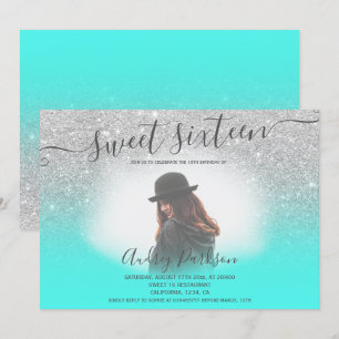 Silver Glitzer Minze grün schick Sweet 16 Foto Einladung