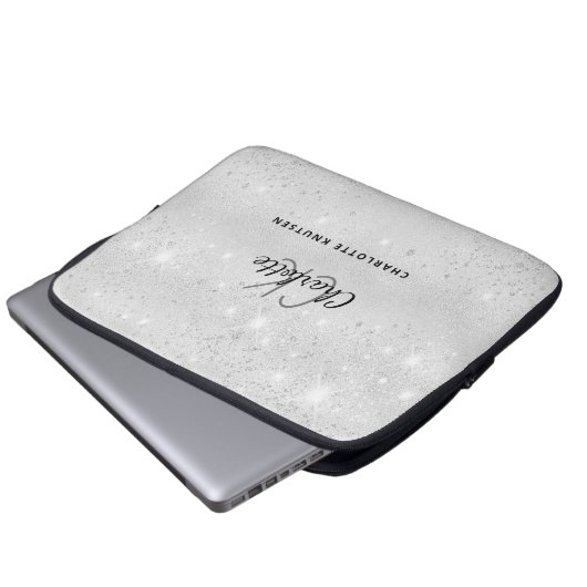 Silver Glitzer mit Monogramm Laptopschutzhülle (Vorne Knopf)