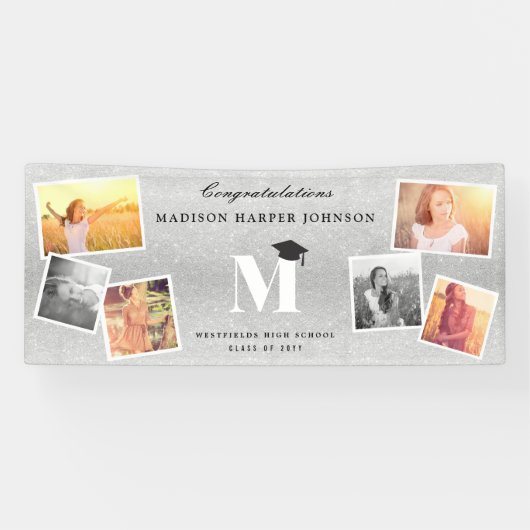 Silver Glitzer Monogram 6 Foto Graduation Party Banner (Horizontal)