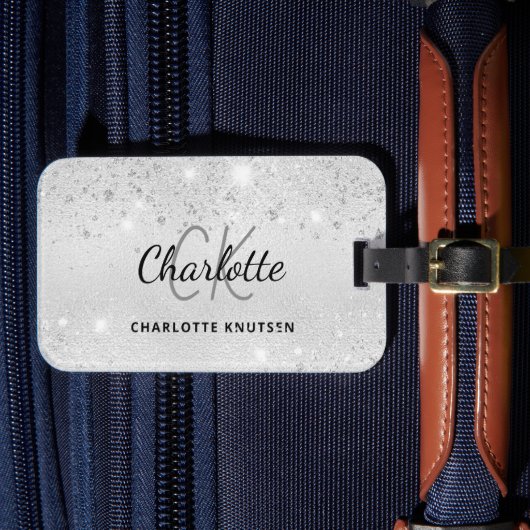 Silver Glitzer Monogram Name elegant Gepäckanhänger (Vorderseite Insitu 4)