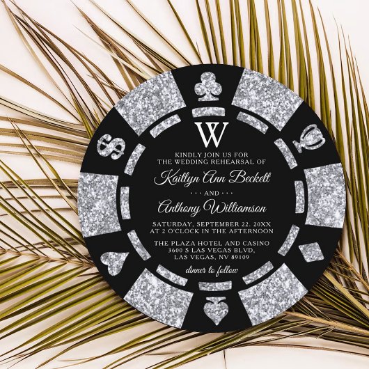 Silver Glitzer Monogram Poker Chip Casino Hochzeit Einladung