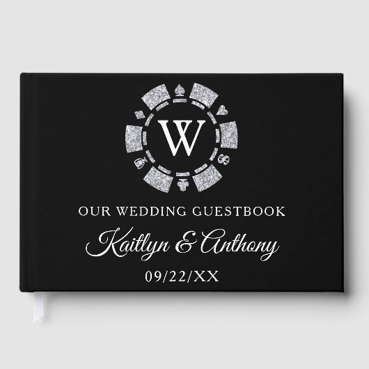 Silver Glitzer Monogram Poker Chip Casino Hochzeit Gästebuch (Vorderseite)