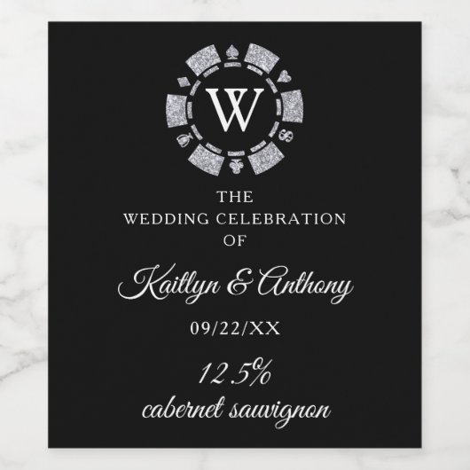 Silver Glitzer Monogram Poker Chip Casino Hochzeit Weinetikett (Einzelnes Label)