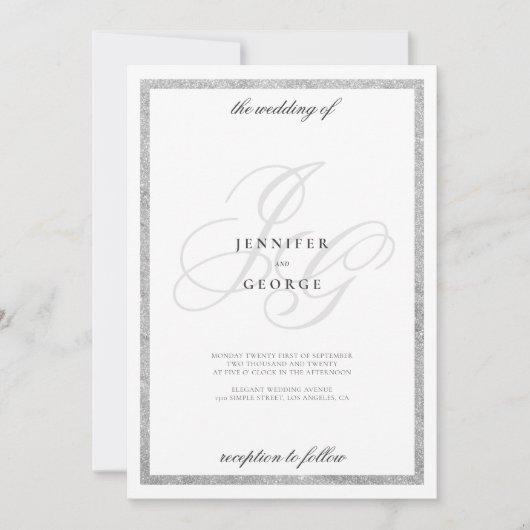 Silver Glitzer Monogramm Initialen Einladung (Vorderseite)