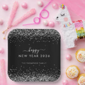 Silver Glitzer Name Black Happy New Year 2026 Pappteller (Party)