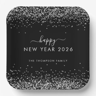Silver Glitzer Name Black Happy New Year 2026 Pappteller
